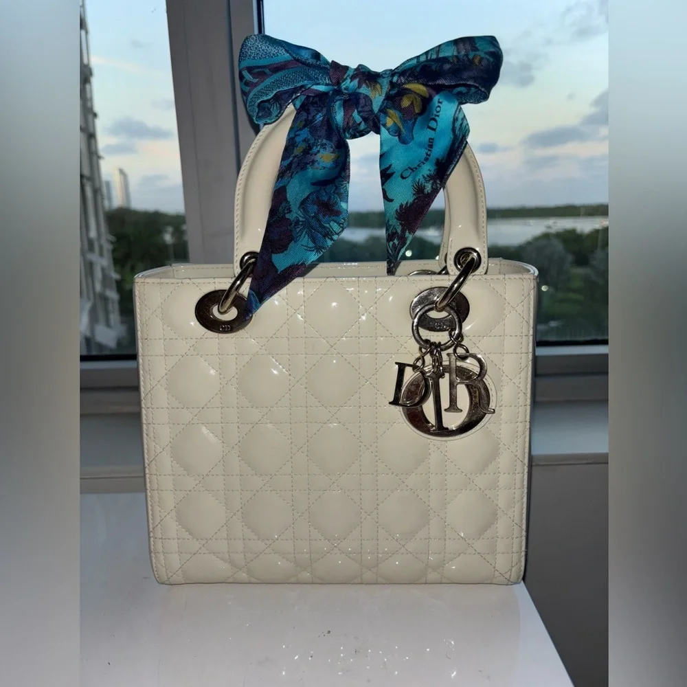 Authentic Christian Lady Dior White Handbag with Christian Dior blue Twilly